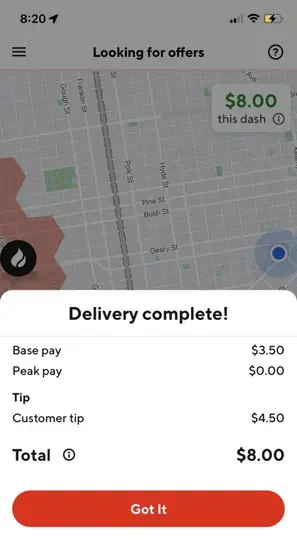 image that shows what a doordash driver sees while delivering an order - for do doordash drivers see tips post on ridester.com