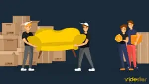 vector graphic showing a person holding money and standing next to two delivery drivers and wondering do you tip furniture delivery drivers