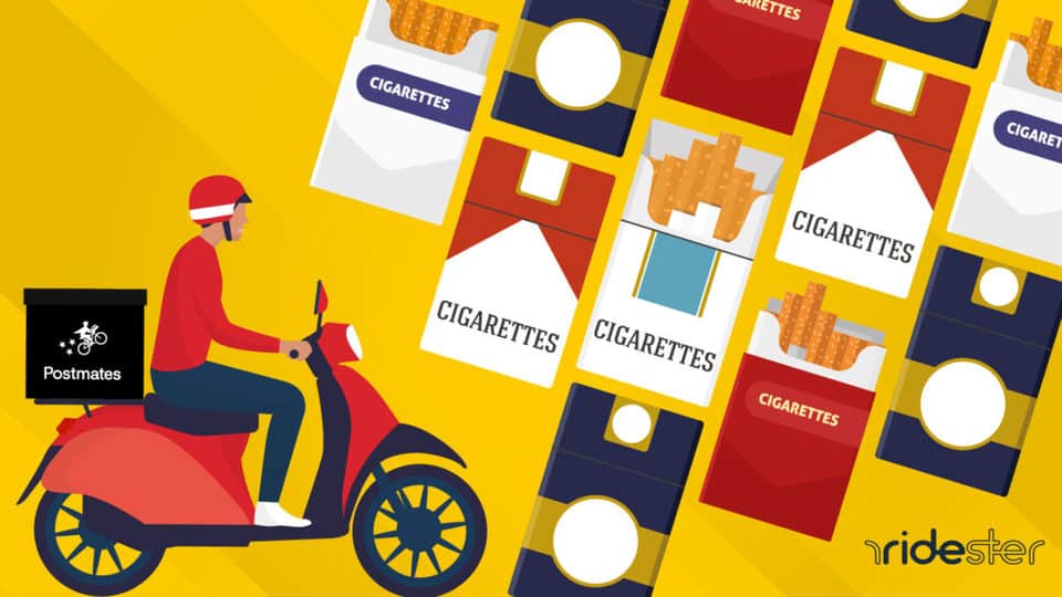 vector graphic showing cartons of cigarettes and a postmates delivery courier for the header image of does postmates deliver cigarettes post