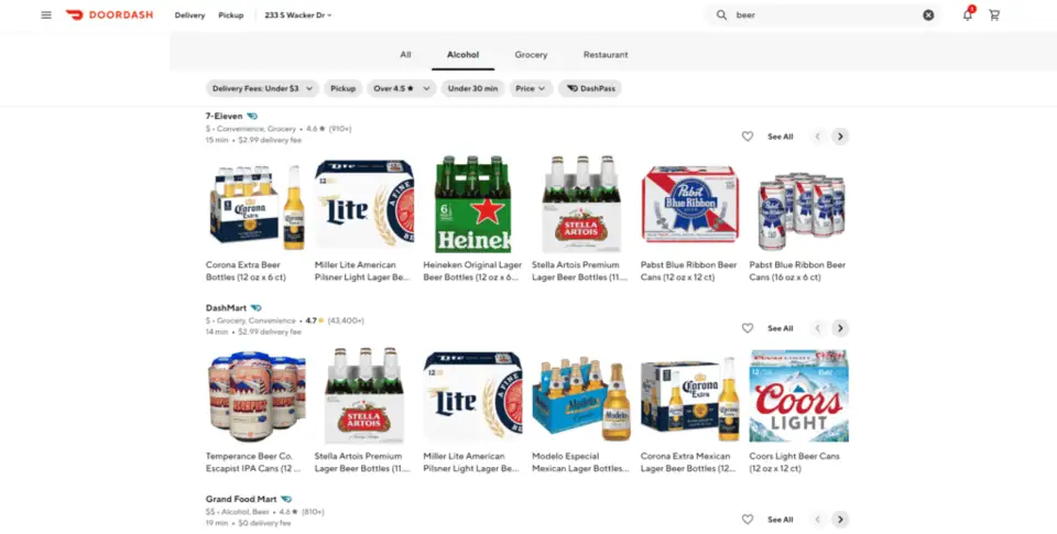 a screenshot of alcohol delivery options on DoorDash.com