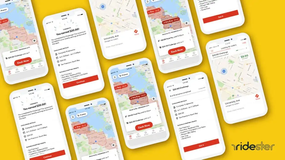 vector graphic showing an illustration of doordash challenges on a handful of phone screens