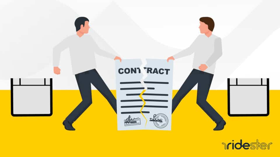vector graphic showing two doordash drivers tearing apart a contract to illustrate doordash contract violations