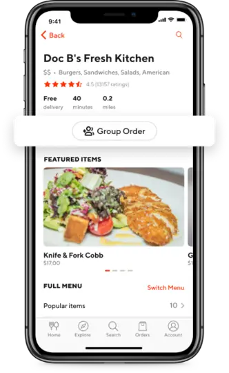 A screenshot of the DoorDash group order highlighted on a phone screen