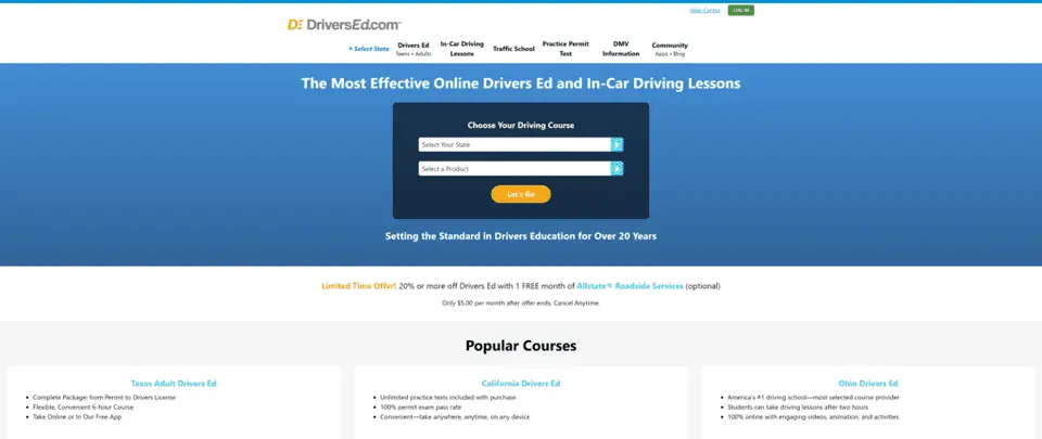 A screenshot of the driversED.com homepage