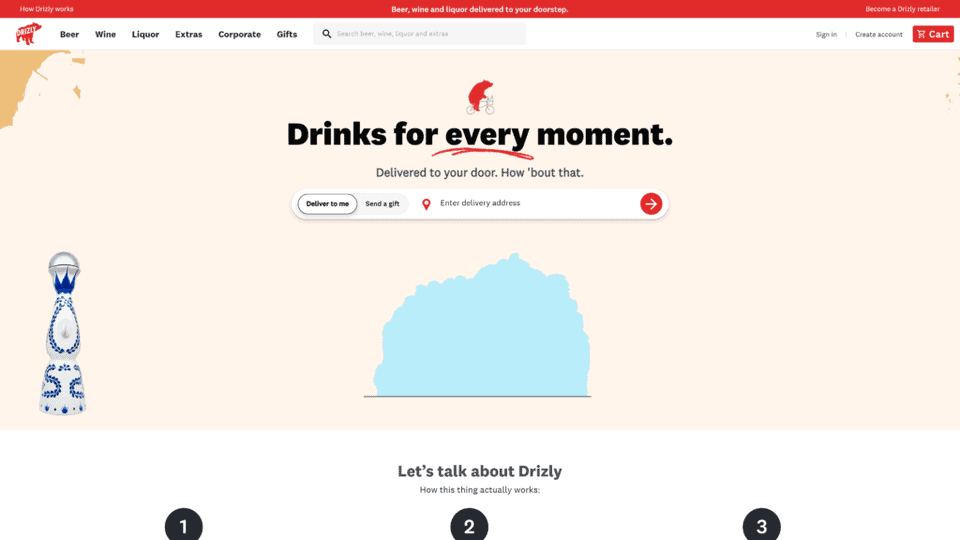 A screenshot of the drizly homepage