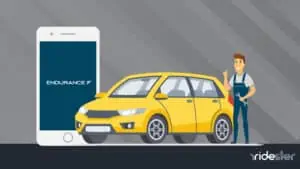 vector graphic showing a phone running the endurance car warranty app on the screen, with a man standing next to his vehicle