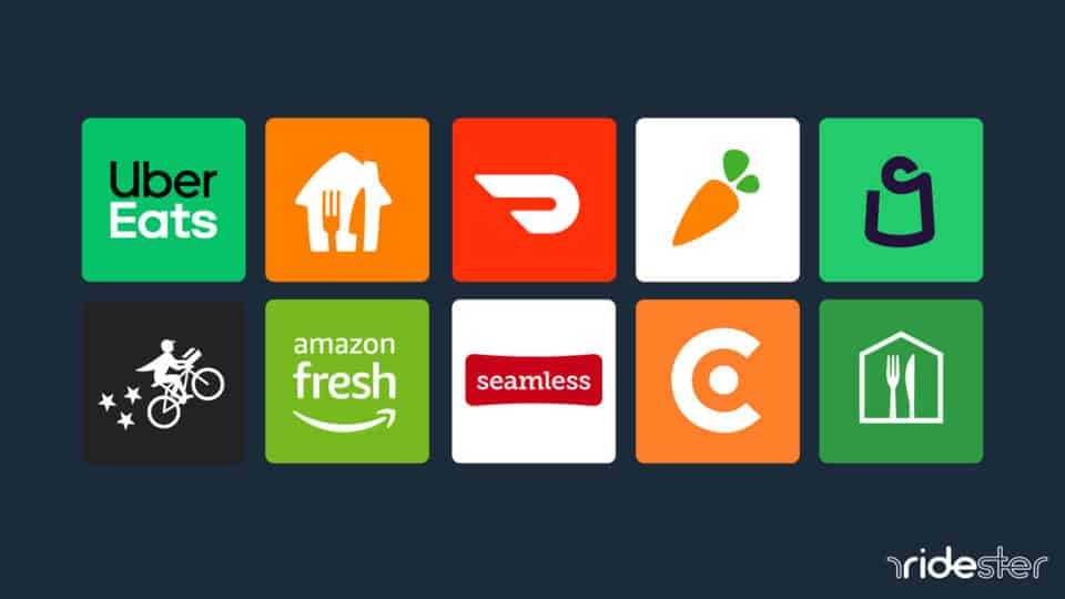 vector graphic showing the logos of many food delivery companies inside small squares arranged side by side next to one another