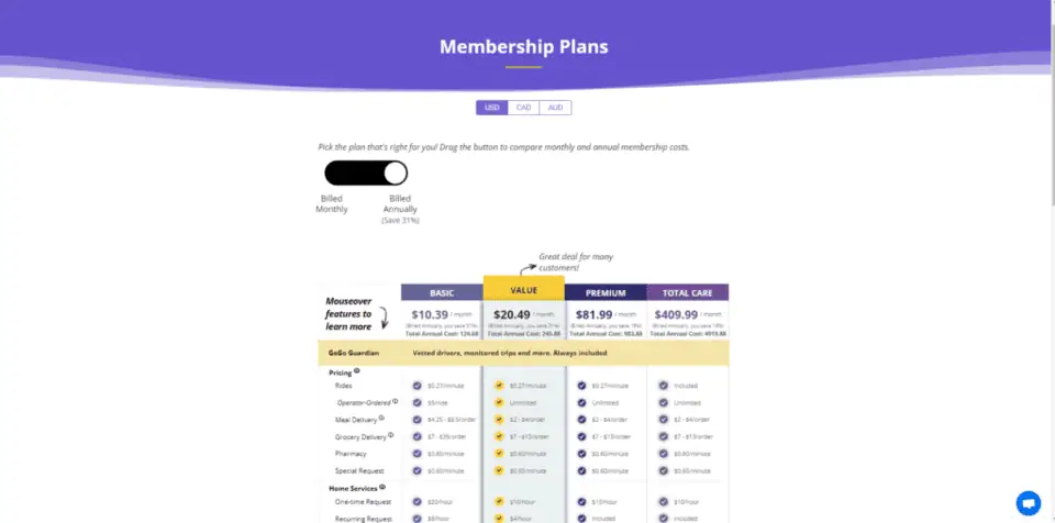 screenshot of the gogograndparent membership plans