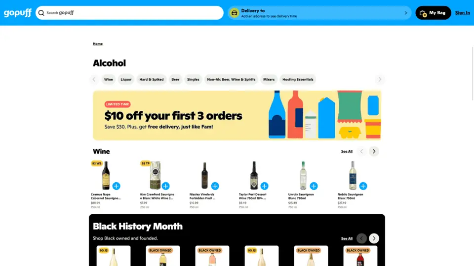 A screenshot of the gopuff alcohol delivery homepage