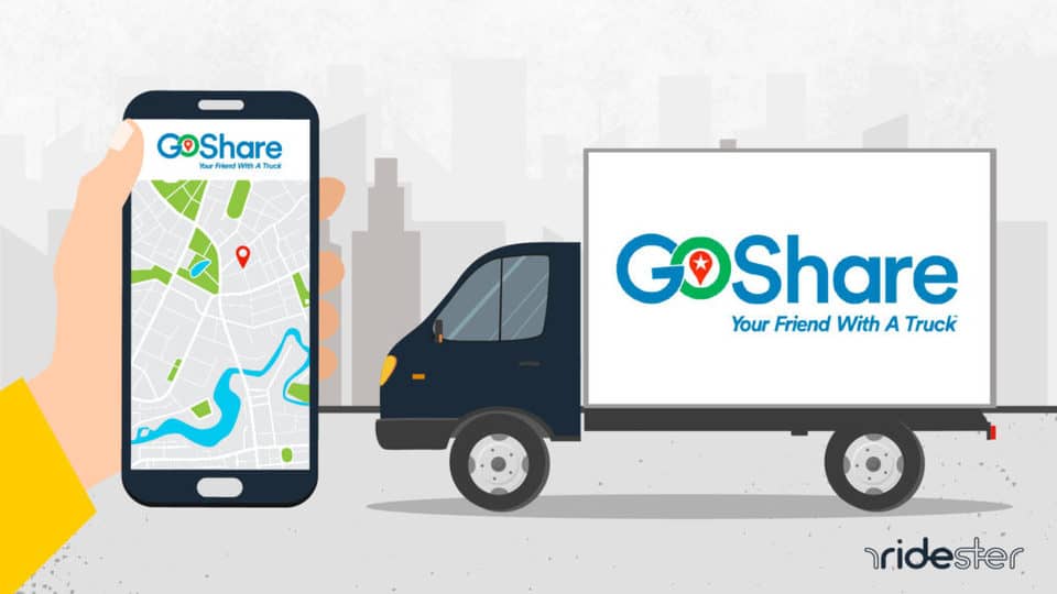 vector graphic showing a truck with the goshare logo and branding on the side with a hand holding a smartphone that has the goshare app on the screen
