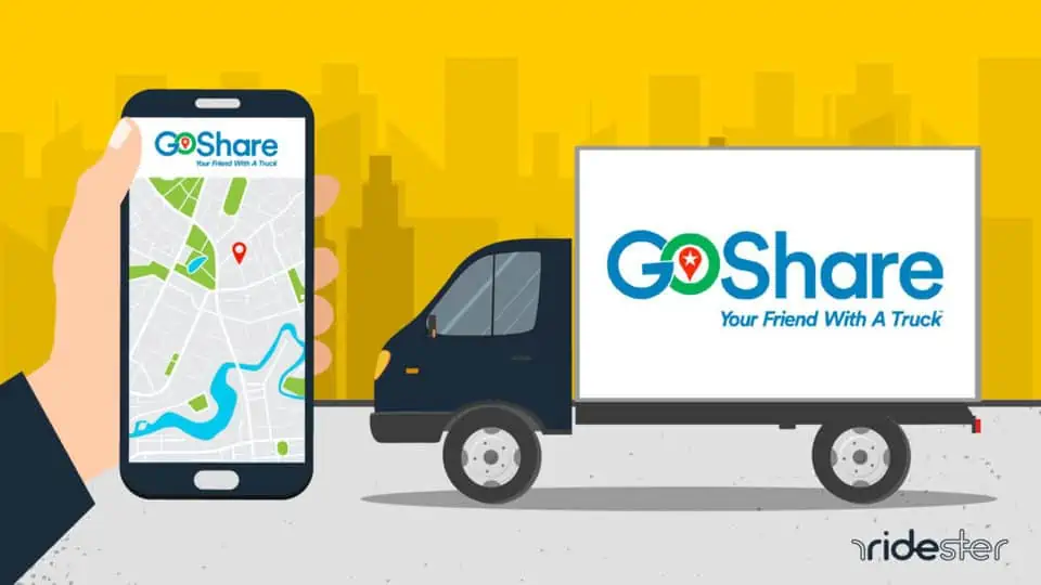 vector graphic showing a truck with the goshare logo and branding on the side with a hand holding a smartphone that has the goshare app on the screen