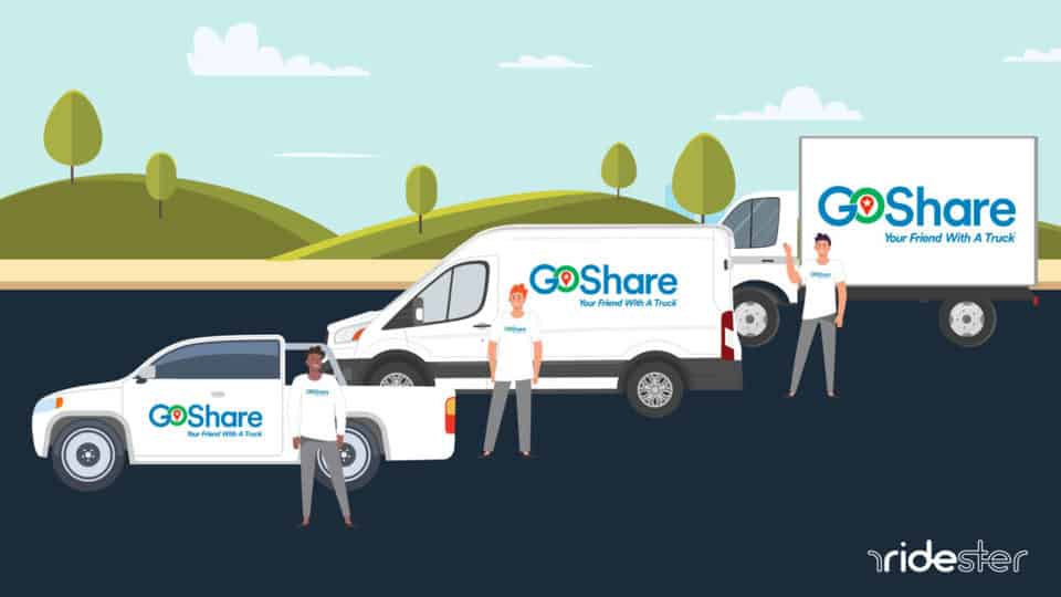vector graphic showing various goshare driver vehicles parked next to one another with the drivers standing outside of them