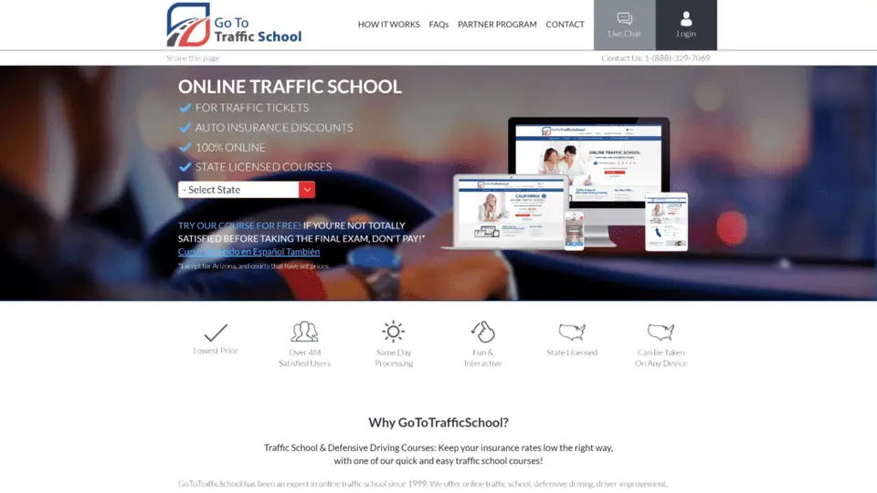 A screenshot of the gototrafficschool homepage