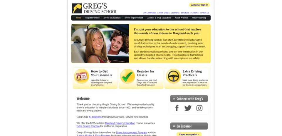 A screenshot of the Greg's Driving School homepage