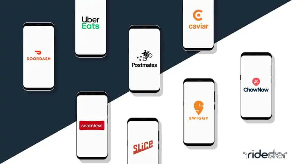 vector graphic showing the logos of grubhub alternatives on phone screens arranged next to one another