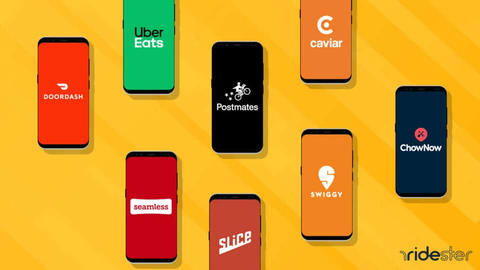 vector graphic showing the logos of grubhub alternatives on phone screens arranged next to one another