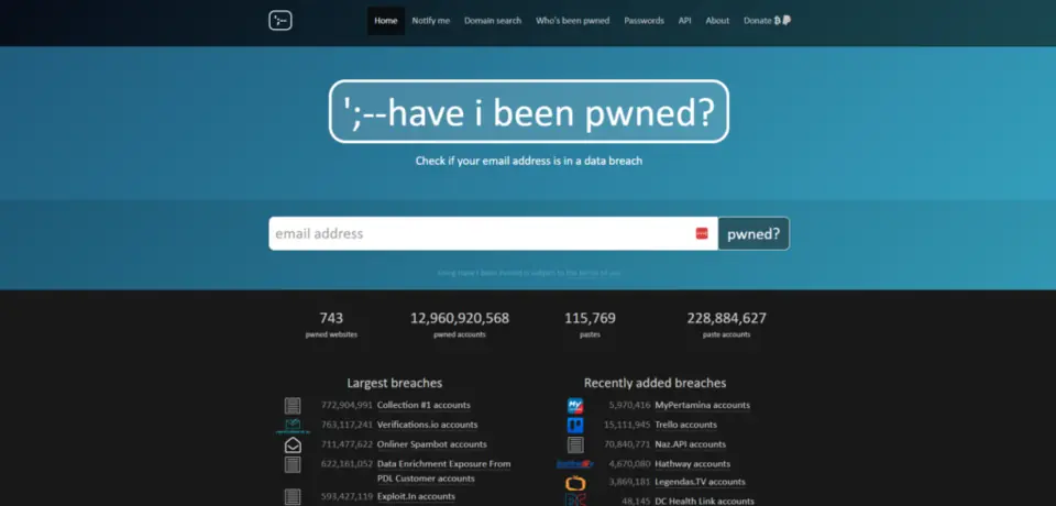 haveibeenpwned.com screenshot homepage