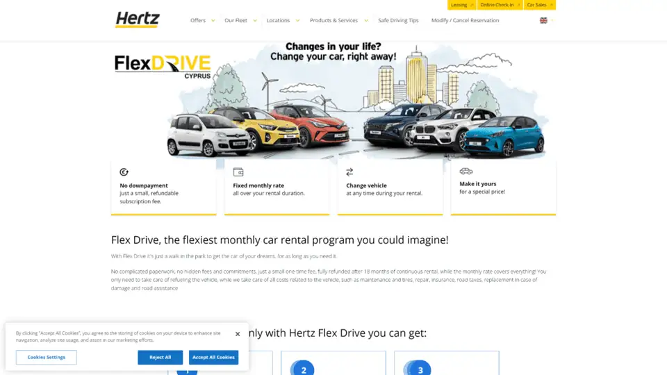 A screenshot of the hertz homepage