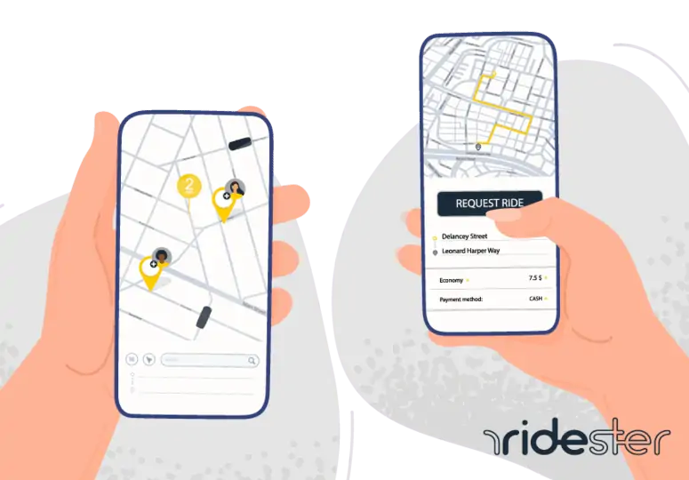 vector graphic showing to hands using ridesharing apps on the phones they are holding to illustrate how does ridesharing work