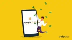 vector graphic showing an Amazon Flex driver jumping in the air, with an illustration of how much do amazon flex drivers make on a phone screen behind him
