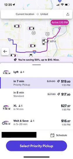 screenshot showing the cost of a Lyft ride estimate