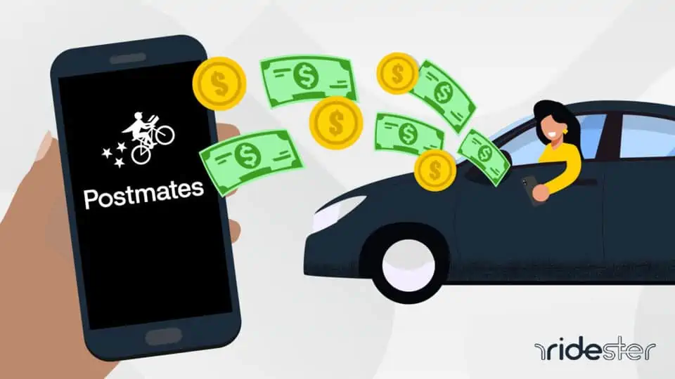 vector graphic showing an illustration of how much does postmates pay - money coming out of a smartphone that a hand is holding and going in to the pocket of a driver