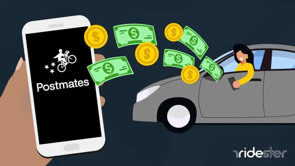 vector graphic showing an illustration of how much does postmates pay - money coming out of a smartphone that a hand is holding and going in to the pocket of a driver