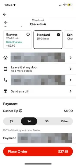 screenshot of the automated tipping suggestions within the doordash customer app