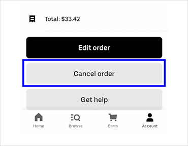 pictures of step-by-step tutorial about how to cancel an Uber Eats order via the app