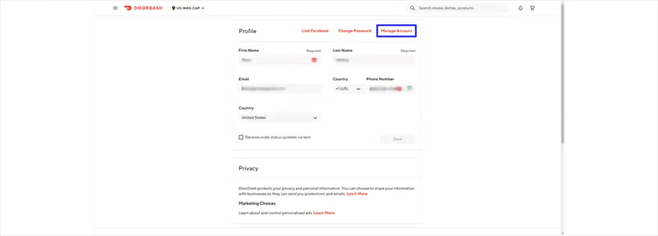 image showing how to delete doordash accounts using the website