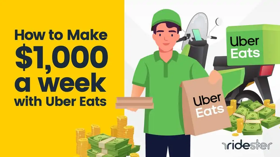 header graphic showing an uber eats driver with the text how to make 1000 a week with uber eats next to him