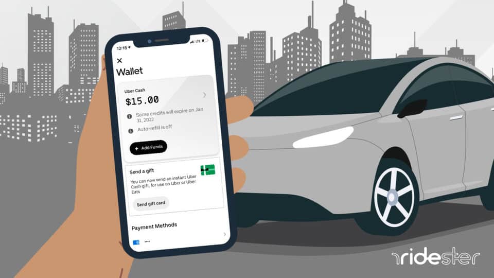 vector illustration of a hand holding a phone with the Uber cash load screenshot on the screen - header graphic for how to use uber cash post on ridester.com