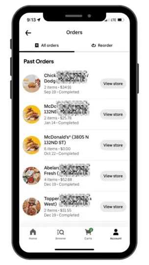 the orders screen from within the Uber Eats app