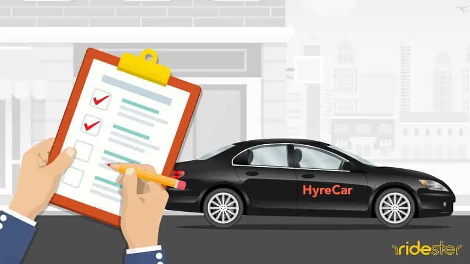 vector graphic showing a hand holding a clipboard and inspecting a vehicle to see if it meets the hyrecar requirements standards