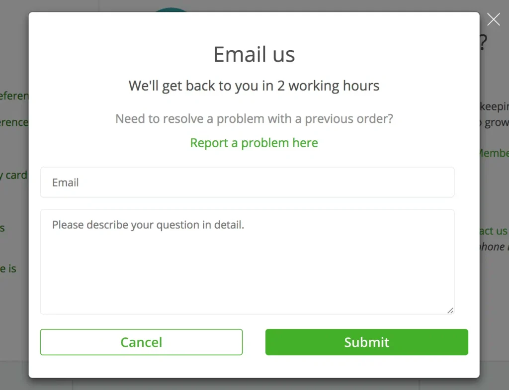 screenshot of the instacart shopper customer service email form