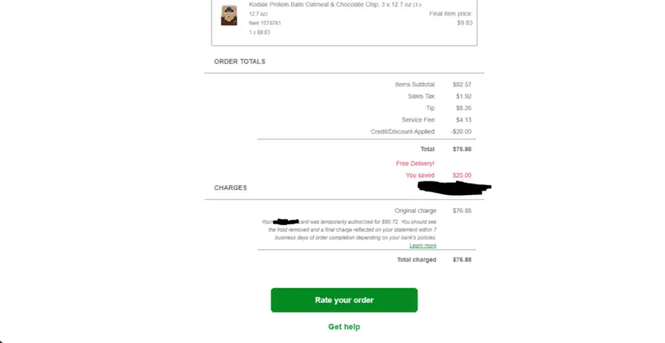 image showing an Instacart receipt emailed post-delivery