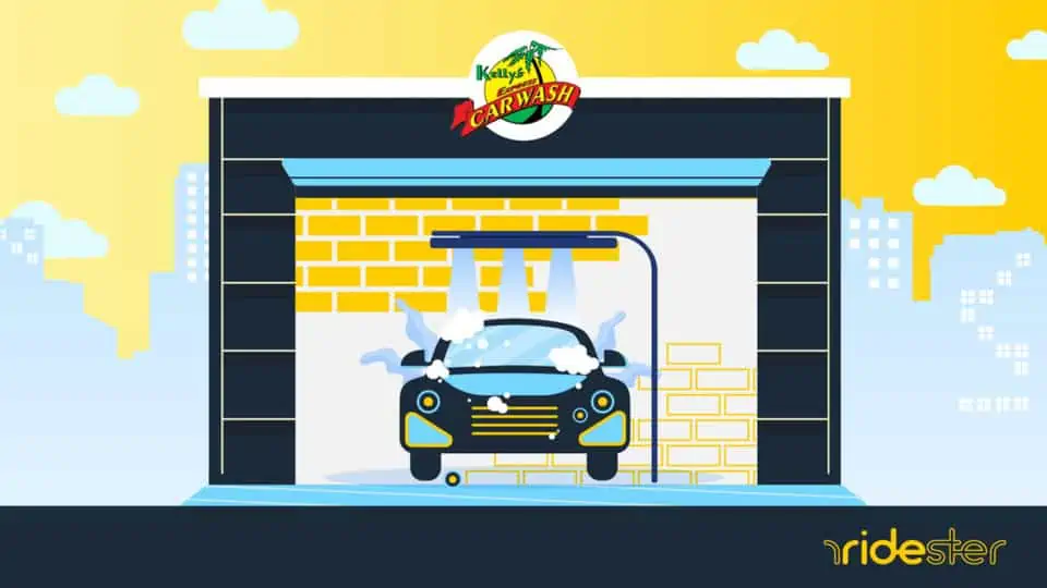 vector graphic showing a vehicle passing through a Kelly's car wash tunnel
