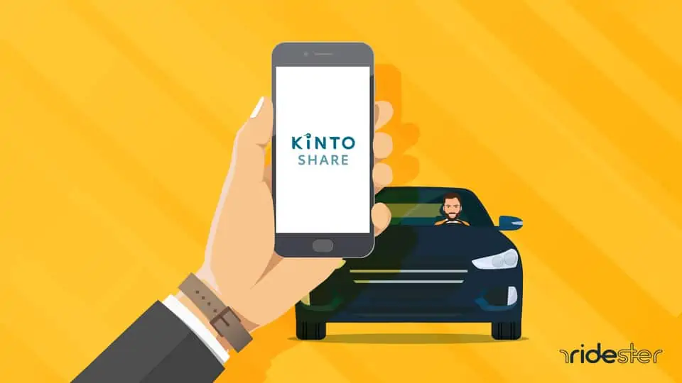 vector graphic showing a hand holding a smartphone with a kinto share logo on the screen with a vehicle behind it