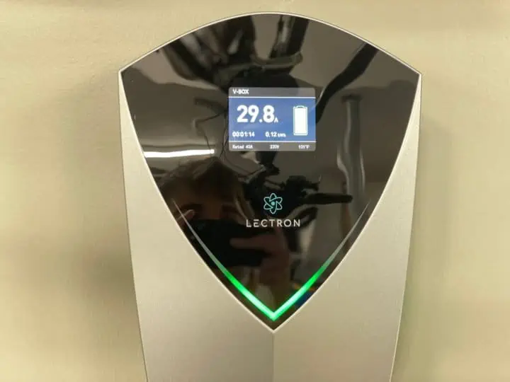 Lectron V-Box 48A EV Charging Station review - installation showing charger installed on the inside of a garage wall