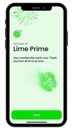 a screenshot of a Lime Prime signup screen on a mobile phone