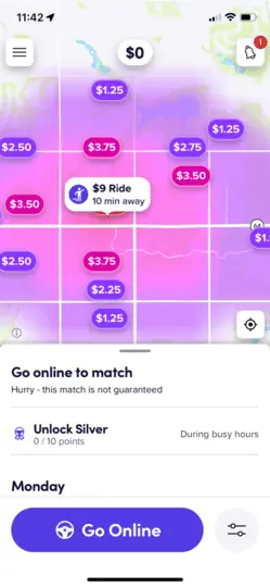 a screenshot of the lyft driver app showing a pickup 10 minutes away