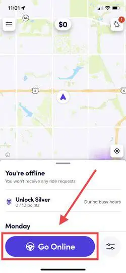 screenshot showing the "Go Online" button within the Lyft driver app
