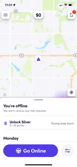 screenshot showing the homescreen of the Lyft driver app