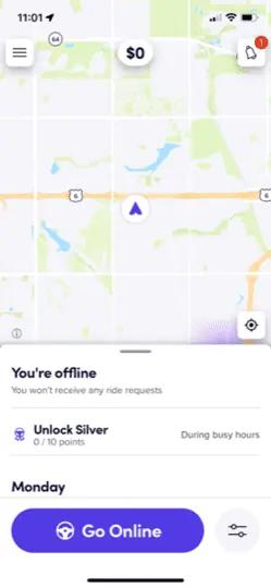 screenshot showing the homescreen of the Lyft driver app