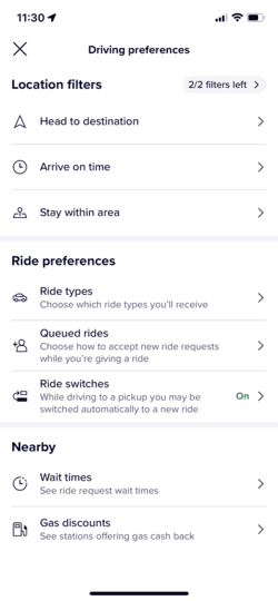 screenshot of Lyft driver location filters within the Lyft driver app