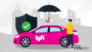 vector graphic showing a lyft driver outside of a lyft vehicle and holding an umbrella to signal Lyft insurance policy has him covered
