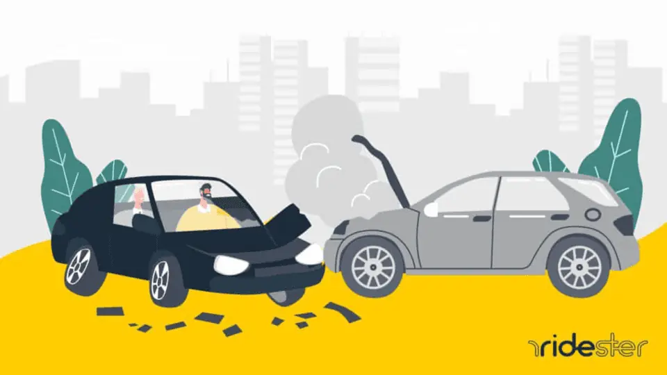 vector graphic showing an illustration of a driver in a car accident and a lyft insurance policy covering him