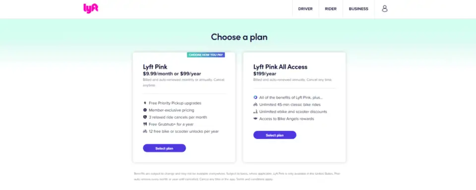 a screenshot of the Lyft Pink pricing page