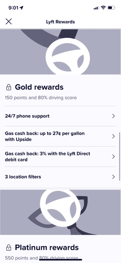 a screenshot of the Lyft Rewards program for drivers from within the Lyft driver app