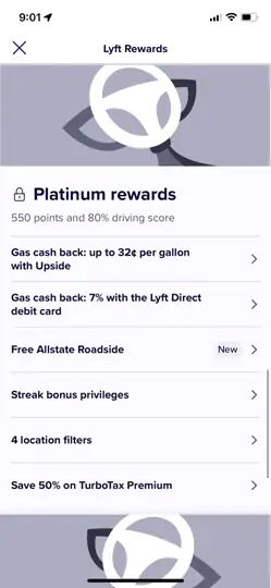 a screenshot of the Lyft Rewards program for drivers from within the Lyft driver app